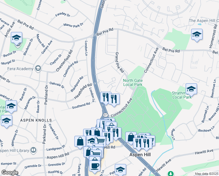 map of restaurants, bars, coffee shops, grocery stores, and more near 3823 Chesterwood Drive in Silver Spring