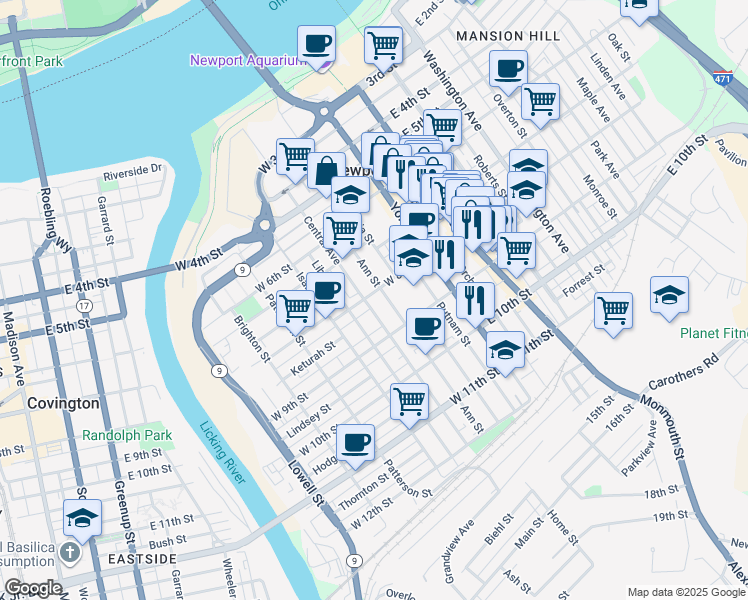 map of restaurants, bars, coffee shops, grocery stores, and more near 811 Central Avenue in Newport