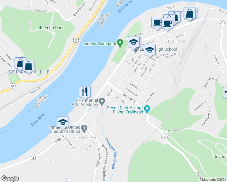 map of restaurants, bars, coffee shops, grocery stores, and more near 815 Oak Street in Ludlow