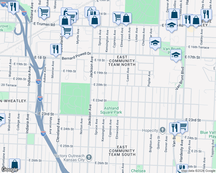 map of restaurants, bars, coffee shops, grocery stores, and more near 4401 East 20th Street in Kansas City