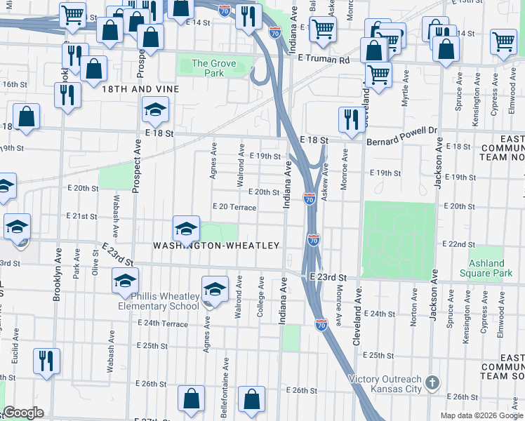 map of restaurants, bars, coffee shops, grocery stores, and more near 3321 East 20 Terrace in Kansas City