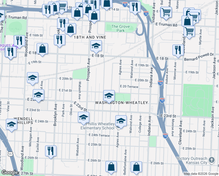 map of restaurants, bars, coffee shops, grocery stores, and more near 2023 Benton Boulevard in Kansas City