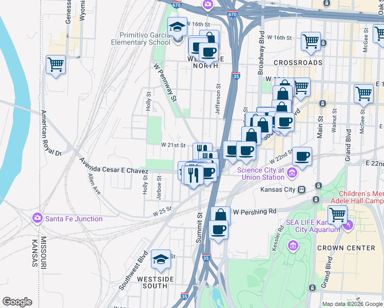 map of restaurants, bars, coffee shops, grocery stores, and more near 2117 Madison Avenue in Kansas City