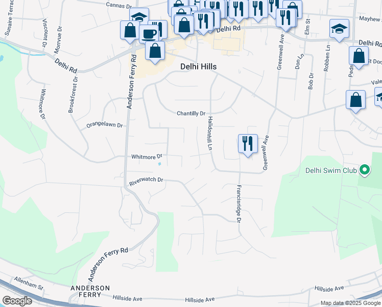 map of restaurants, bars, coffee shops, grocery stores, and more near 5074 Timberdale Court in Cincinnati