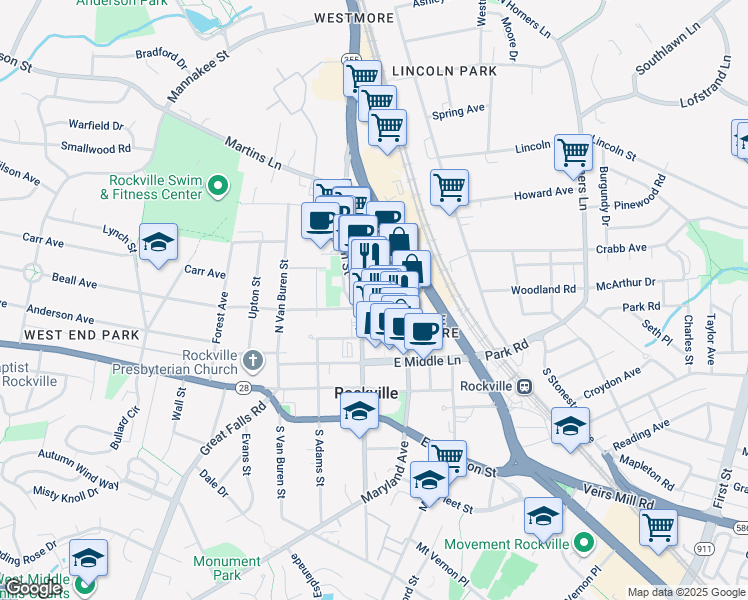 map of restaurants, bars, coffee shops, grocery stores, and more near 255 North Washington Street in Rockville