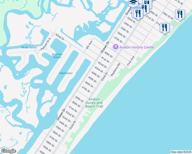 map of restaurants, bars, coffee shops, grocery stores, and more near 238 44th Street in Avalon