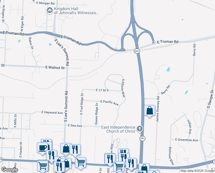 map of restaurants, bars, coffee shops, grocery stores, and more near 1614 South Queen Ridge Way in Independence