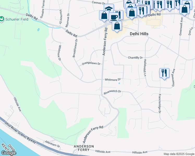 map of restaurants, bars, coffee shops, grocery stores, and more near 250 Kinsman Court in Cincinnati