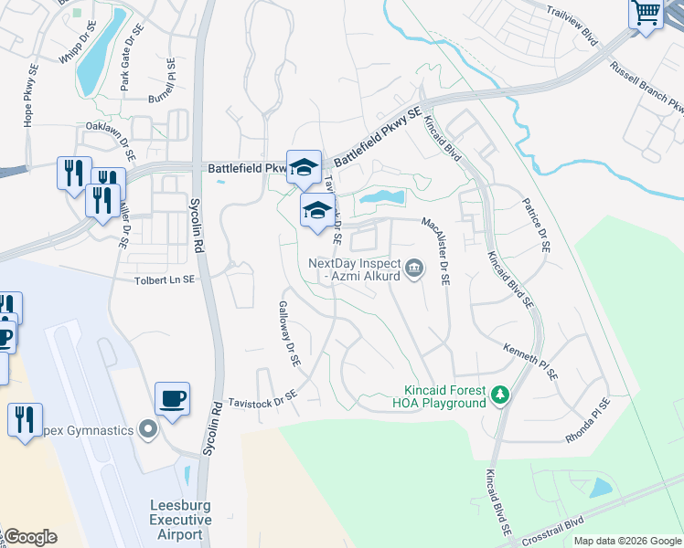 map of restaurants, bars, coffee shops, grocery stores, and more near 610 Burberry Terrace Southeast in Leesburg