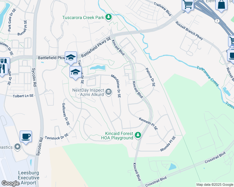map of restaurants, bars, coffee shops, grocery stores, and more near 831 Macalister Drive Southeast in Leesburg