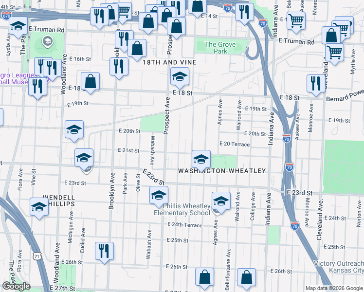 map of restaurants, bars, coffee shops, grocery stores, and more near 2024 Montgall Avenue in Kansas City