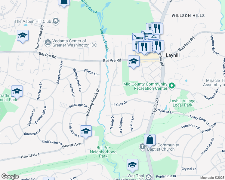 map of restaurants, bars, coffee shops, grocery stores, and more near 14105 North Gate Drive in Silver Spring