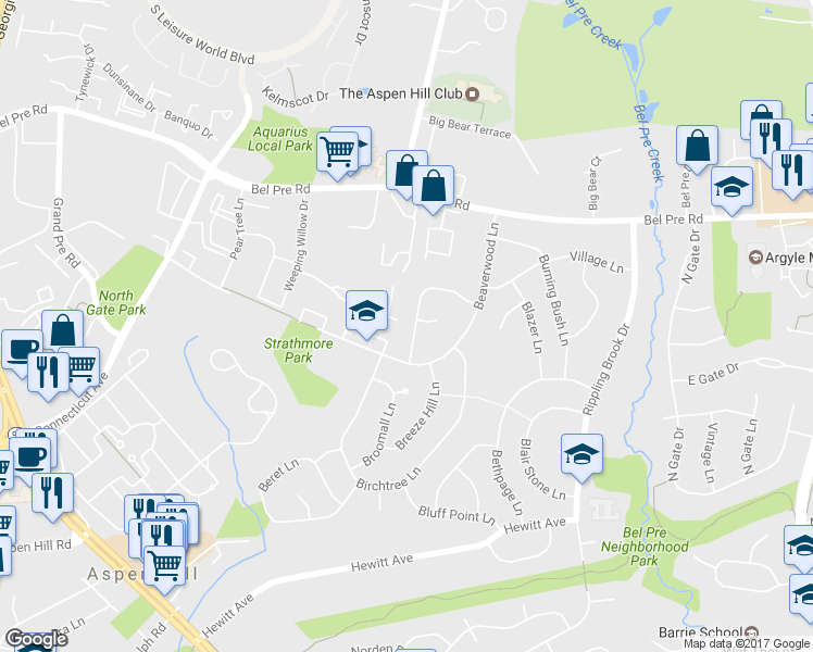 map of restaurants, bars, coffee shops, grocery stores, and more near 14012 Beechvue Lane in Silver Spring