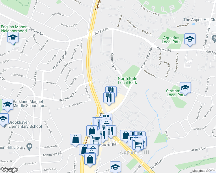 map of restaurants, bars, coffee shops, grocery stores, and more near 3823 Chesterwood Drive in Silver Spring