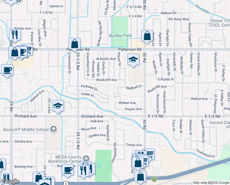 map of restaurants, bars, coffee shops, grocery stores, and more near 2982 Emerald Circle in Grand Junction