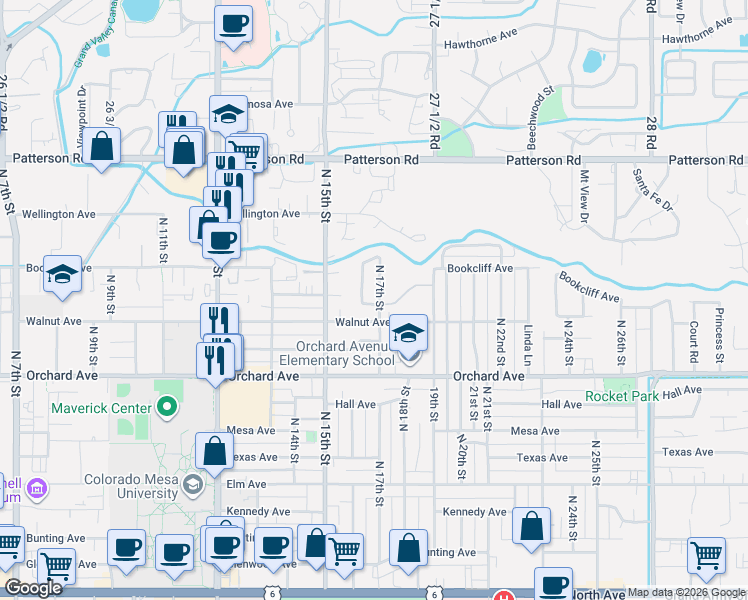 map of restaurants, bars, coffee shops, grocery stores, and more near 2304 North 17th Circle in Grand Junction