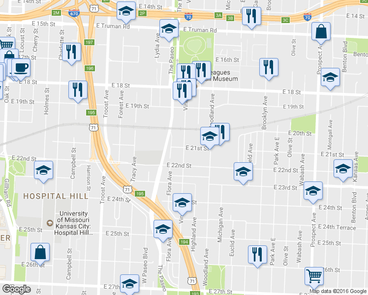 map of restaurants, bars, coffee shops, grocery stores, and more near 2099 Vine Street in Kansas City