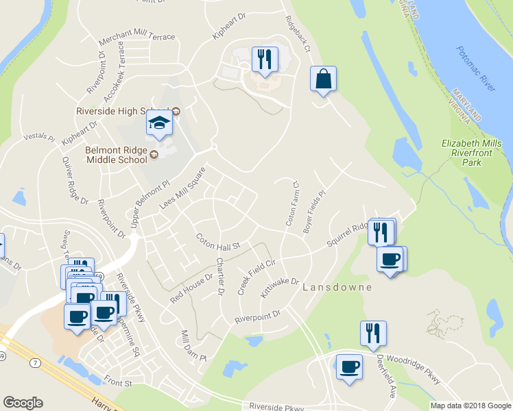 map of restaurants, bars, coffee shops, grocery stores, and more near 43806 Lees Mill Square in Leesburg