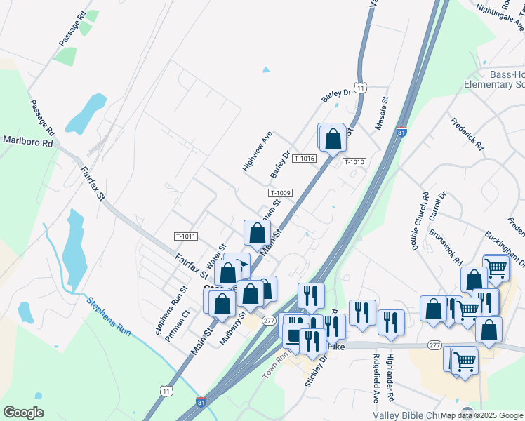 map of restaurants, bars, coffee shops, grocery stores, and more near 1022 Bridle Court in Stephens City
