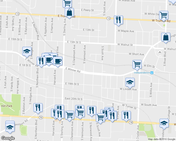 map of restaurants, bars, coffee shops, grocery stores, and more near 11408 East Winner Road in Independence