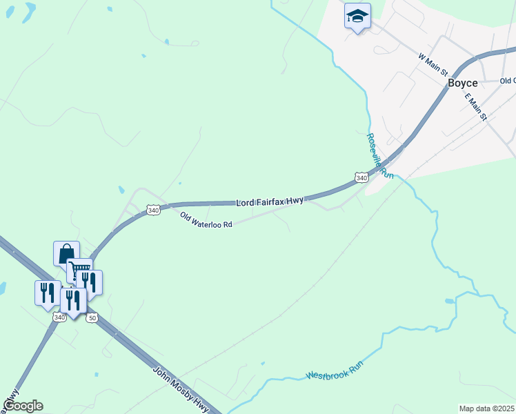 map of restaurants, bars, coffee shops, grocery stores, and more near 11859 Lord Fairfax Highway in Boyce