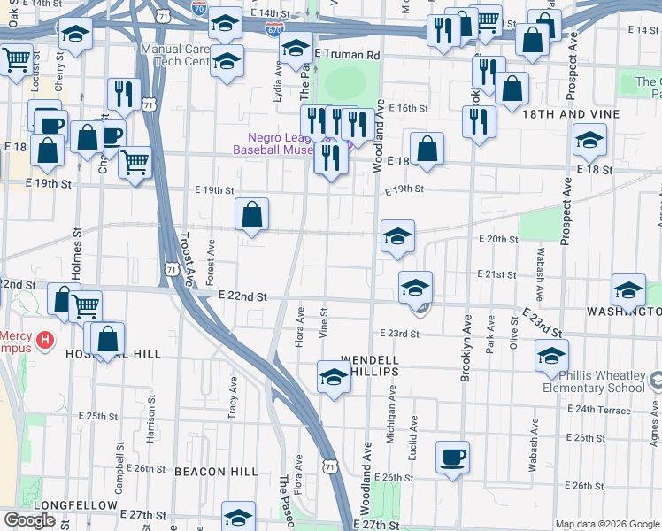 map of restaurants, bars, coffee shops, grocery stores, and more near 1601 East 21st Street in Kansas City
