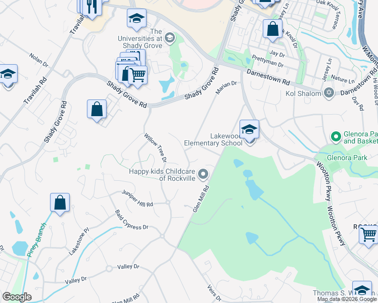 map of restaurants, bars, coffee shops, grocery stores, and more near 14001 Marian Drive in Rockville