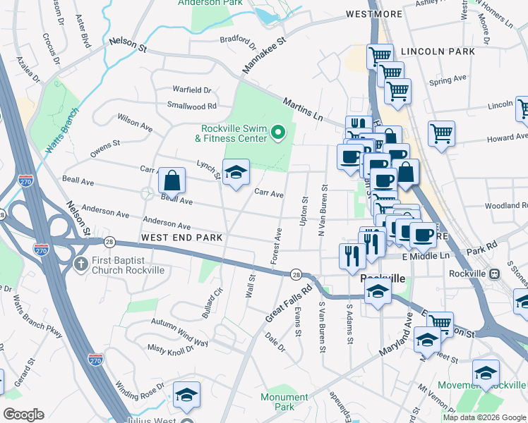 map of restaurants, bars, coffee shops, grocery stores, and more near 317 Beall Avenue in Rockville