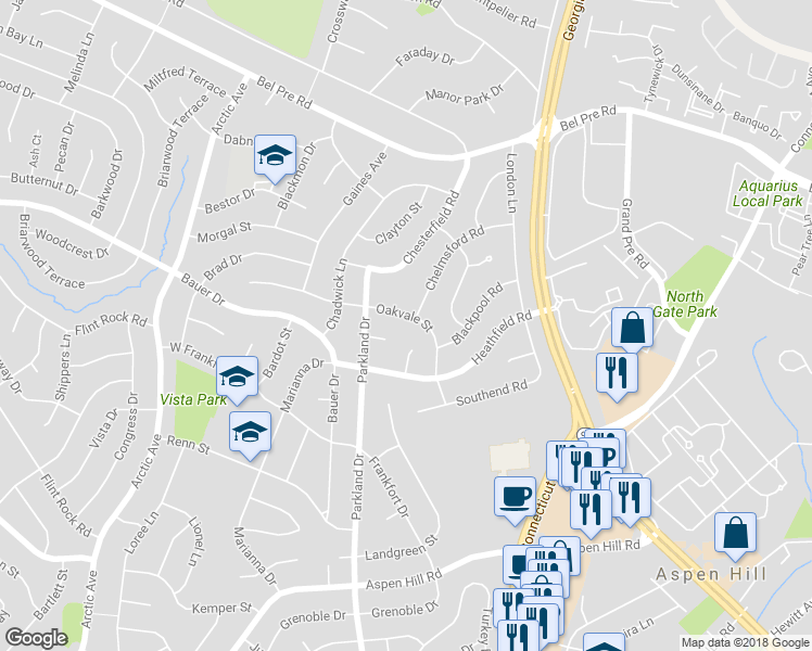 map of restaurants, bars, coffee shops, grocery stores, and more near 14200 Oakvale Street in Rockville