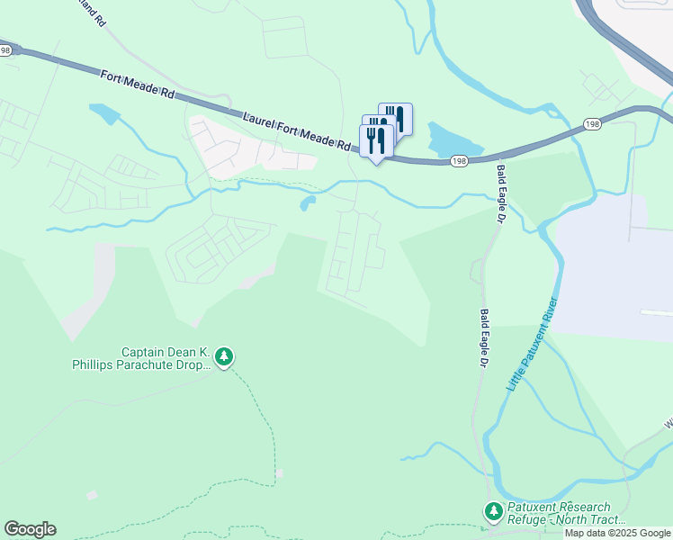 map of restaurants, bars, coffee shops, grocery stores, and more near 308 Lentic Lane in Laurel