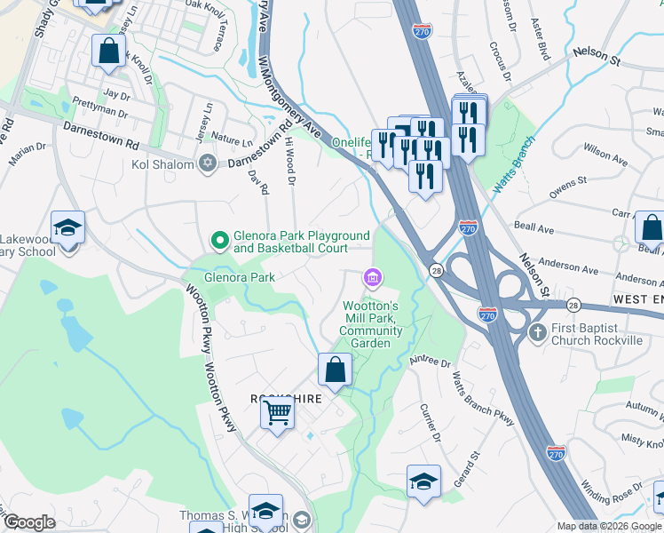 map of restaurants, bars, coffee shops, grocery stores, and more near 7 Feather Rock Place in Rockville