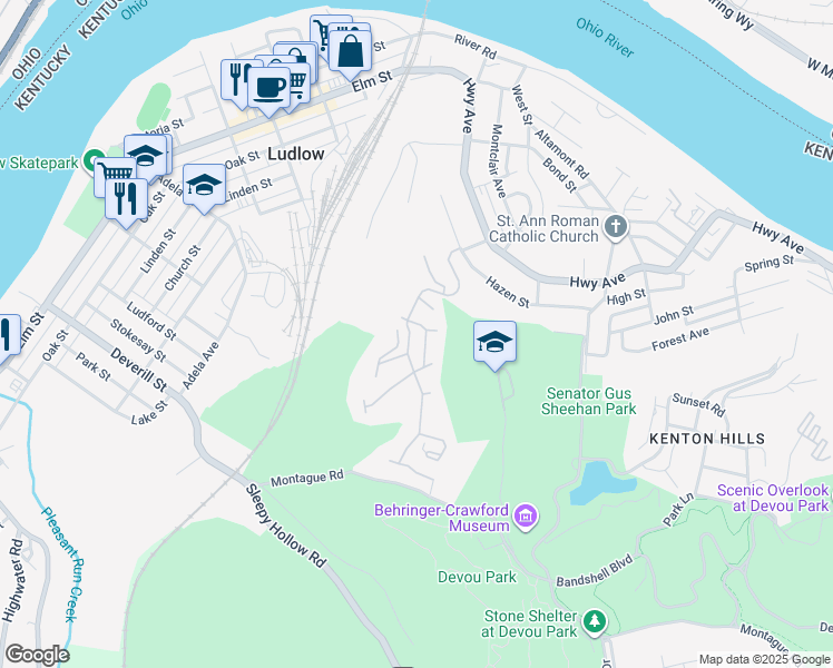 map of restaurants, bars, coffee shops, grocery stores, and more near 443 Pinnacle Way in Ludlow