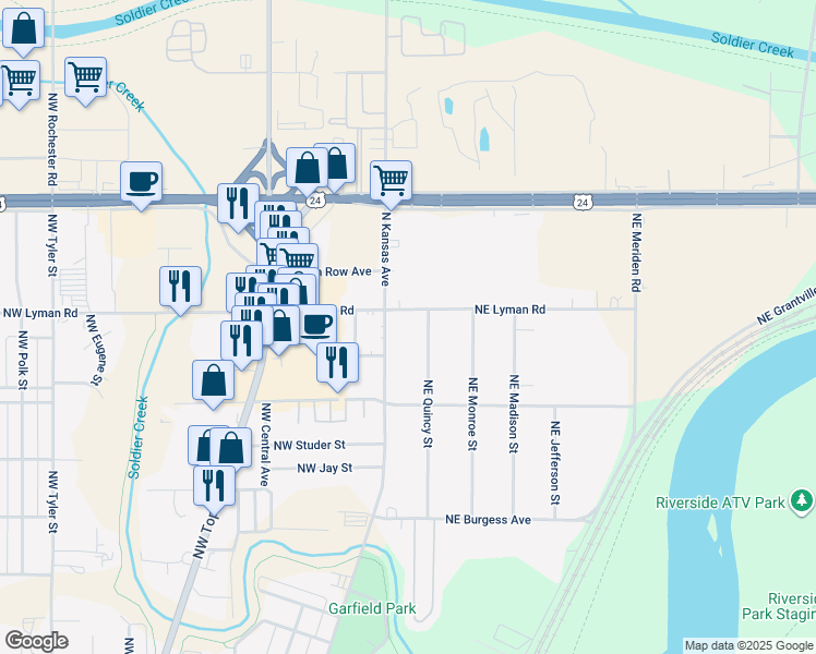 map of restaurants, bars, coffee shops, grocery stores, and more near 2032 North Kansas Avenue in Topeka