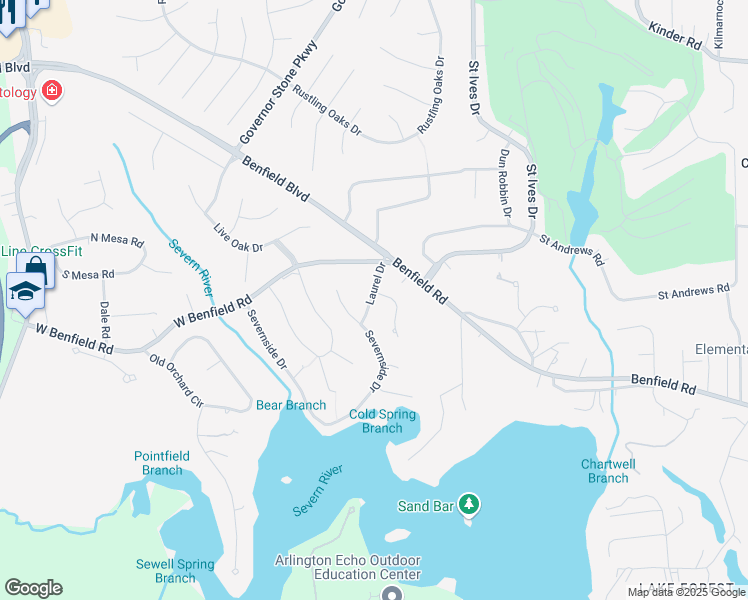 map of restaurants, bars, coffee shops, grocery stores, and more near 711 Laurel Lane in Severna Park
