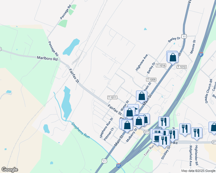 map of restaurants, bars, coffee shops, grocery stores, and more near 5360 Crooked Lane in Stephens City
