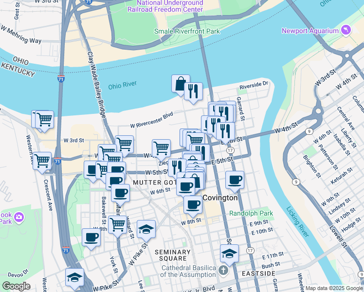 map of restaurants, bars, coffee shops, grocery stores, and more near Brent Spence Square in Covington