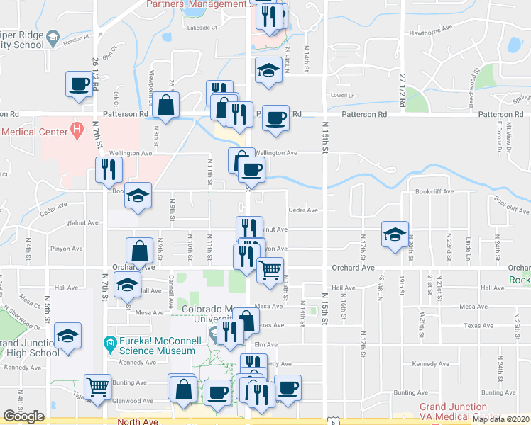 map of restaurants, bars, coffee shops, grocery stores, and more near 1204 Walnut Avenue in Grand Junction