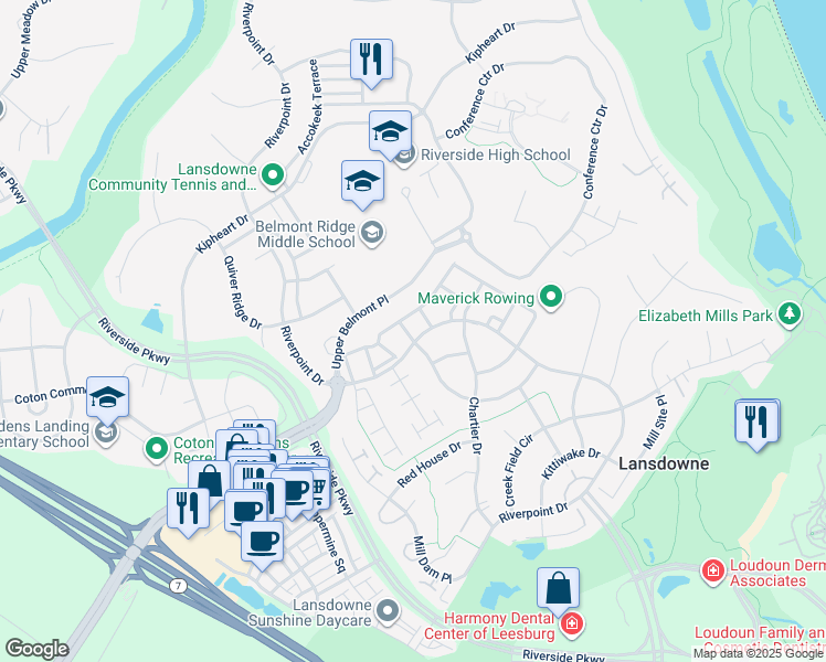 map of restaurants, bars, coffee shops, grocery stores, and more near 19118 Eagle Mine Terrace in Leesburg