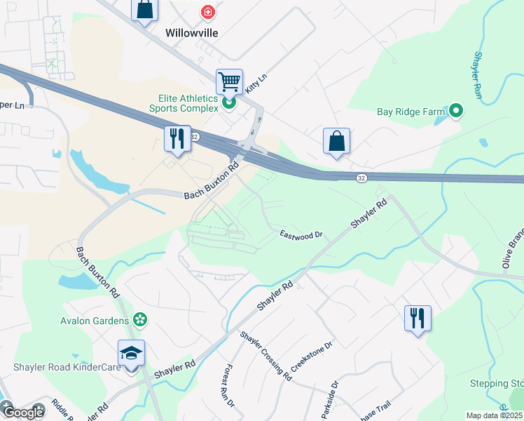 map of restaurants, bars, coffee shops, grocery stores, and more near 4420 Eastwood Drive in Batavia
