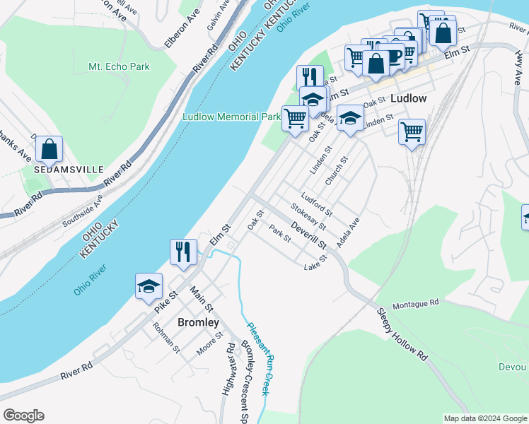 map of restaurants, bars, coffee shops, grocery stores, and more near 815 Oak Street in Ludlow