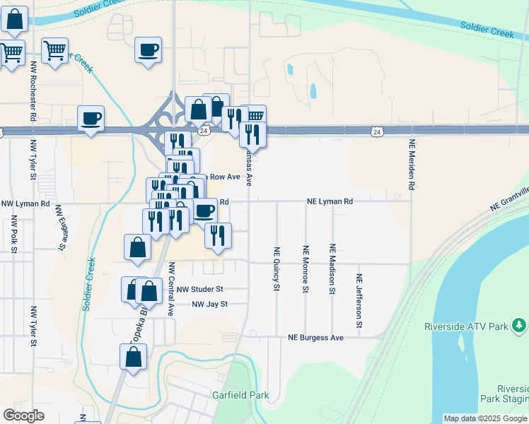 map of restaurants, bars, coffee shops, grocery stores, and more near 2032 N Kansas Ave in Topeka