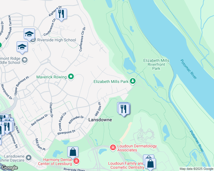 map of restaurants, bars, coffee shops, grocery stores, and more near 19415 Deerfield Avenue in Leesburg