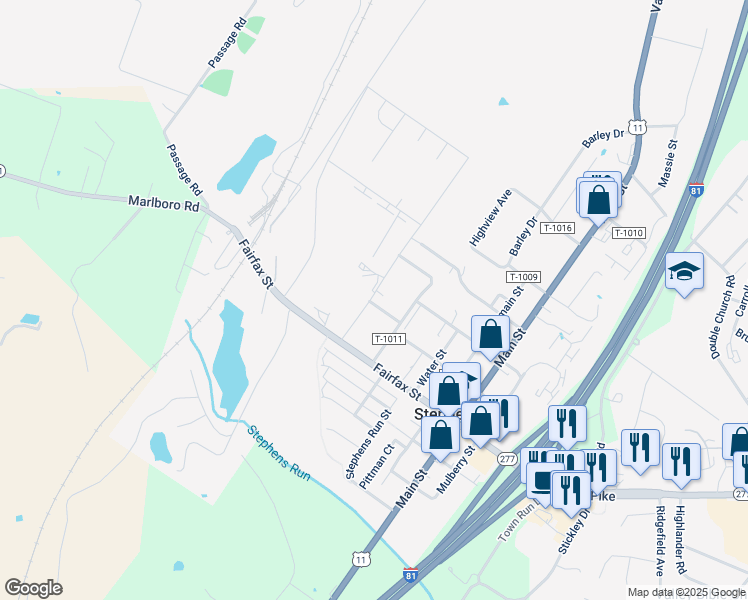 map of restaurants, bars, coffee shops, grocery stores, and more near 5360 Crooked Lane in Stephens City
