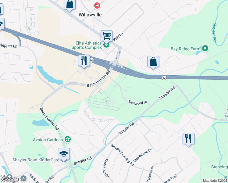 map of restaurants, bars, coffee shops, grocery stores, and more near 4420 Eastwood Drive in Batavia
