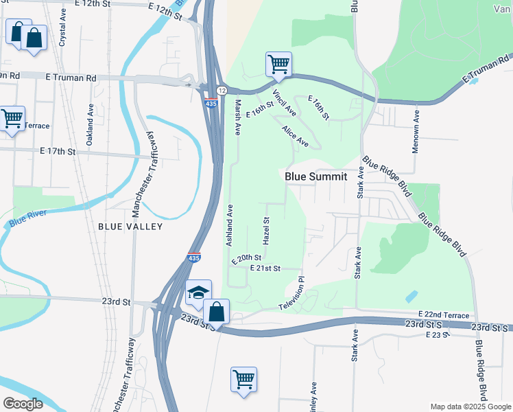map of restaurants, bars, coffee shops, grocery stores, and more near 8501 East 19th Street in Kansas City