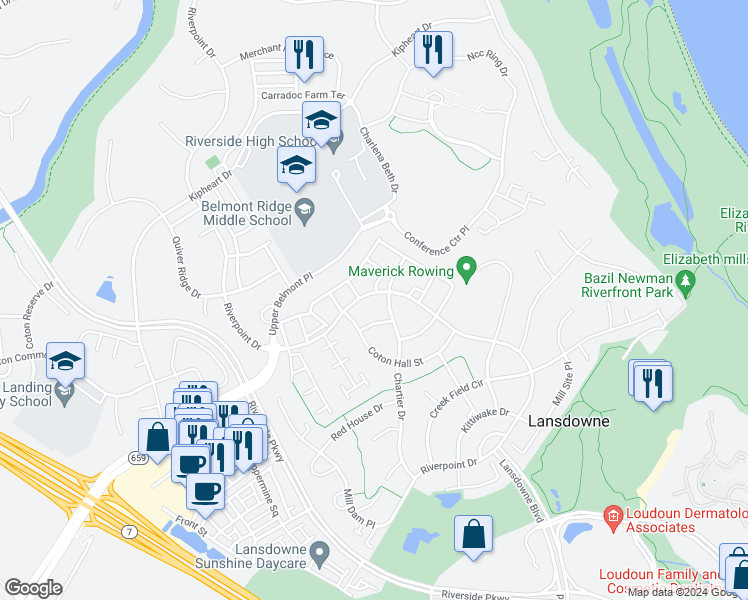 map of restaurants, bars, coffee shops, grocery stores, and more near 43538 Riverpoint Drive in Leesburg