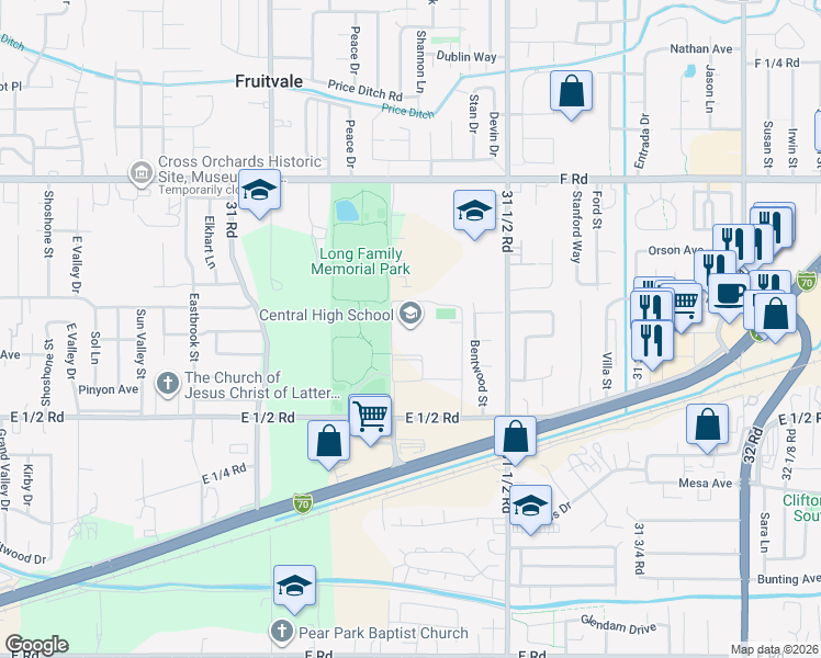 map of restaurants, bars, coffee shops, grocery stores, and more near 550 Warrior Way in Grand Junction