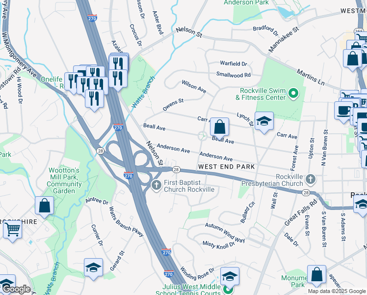 map of restaurants, bars, coffee shops, grocery stores, and more near 715 Anderson Avenue in Rockville