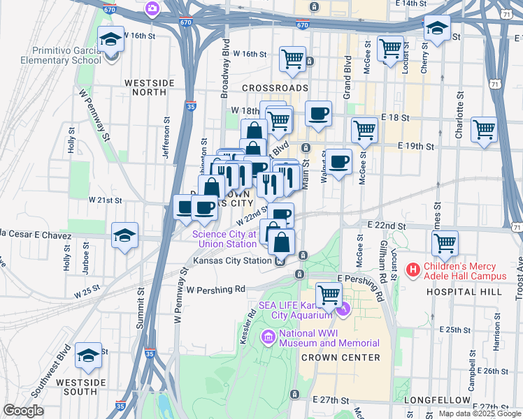 map of restaurants, bars, coffee shops, grocery stores, and more near 2120 West 22nd Street in Kansas City