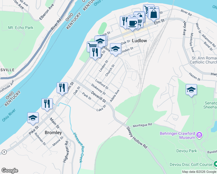 map of restaurants, bars, coffee shops, grocery stores, and more near 304 Ludford Street in Ludlow